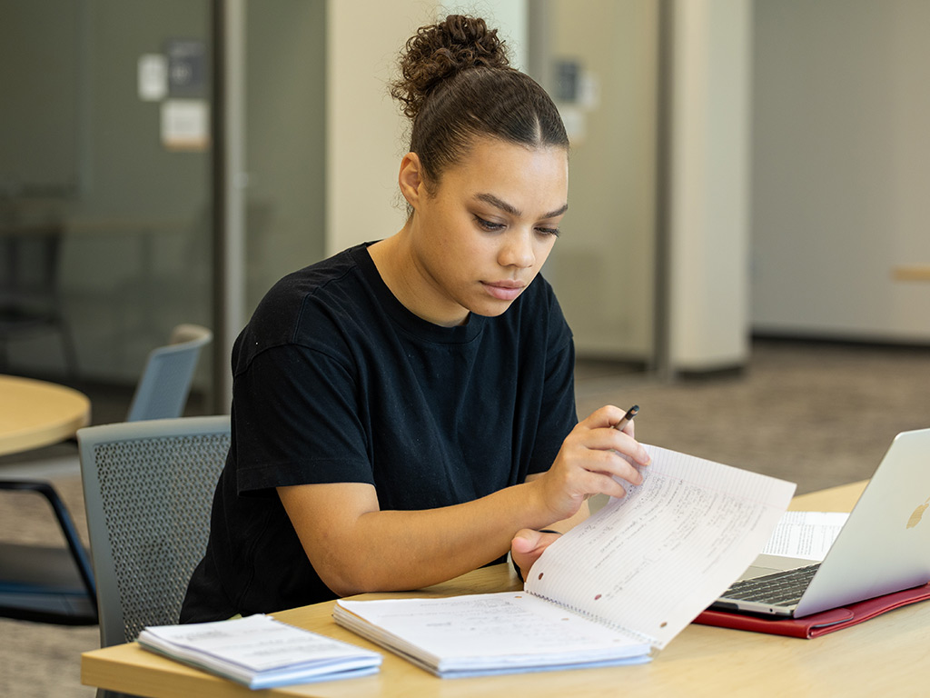 photo of student studying at laptop with notebook